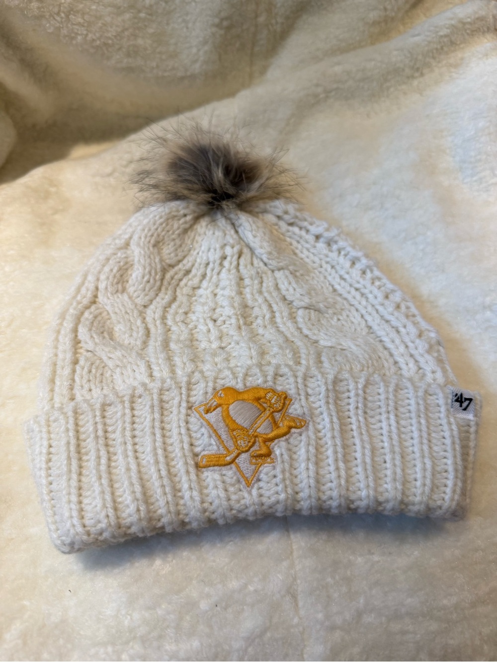 47 Brand Cream Cable-Knit Pom Beanie with Gold Embroidered Logo